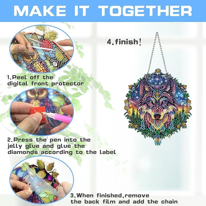 VAIIEYO Wolf Diamond Art Hanging Ornament, Animal Diamond Painting Suncatchers Window Hanging Kit with Chain, 7.5x7.5 inch Crystal Pendant Art Craft for Gift Home Wall Front Door Decoration