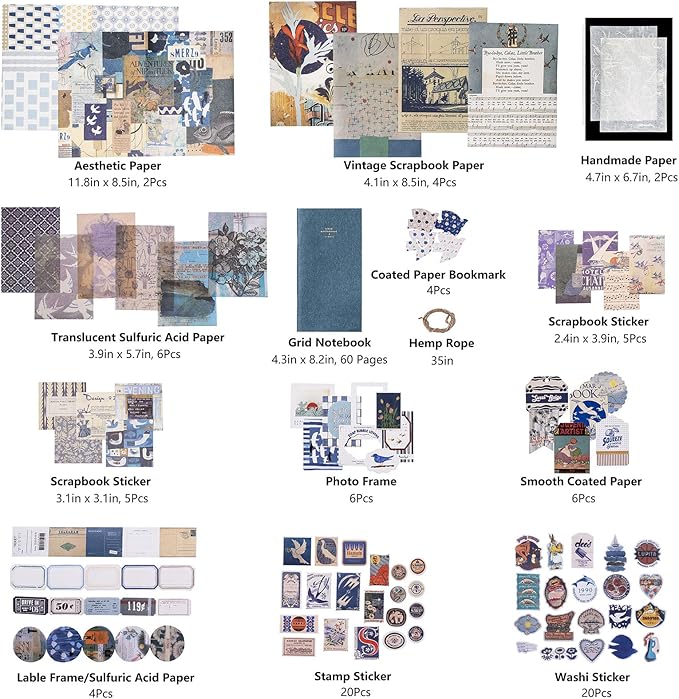joychoic vintage scrapbooking supplies aesthetic journaling kit, scrapbook papers quote stickers tn notebook large collection for bullet junk journal, planner diy arts craft collage, beginners