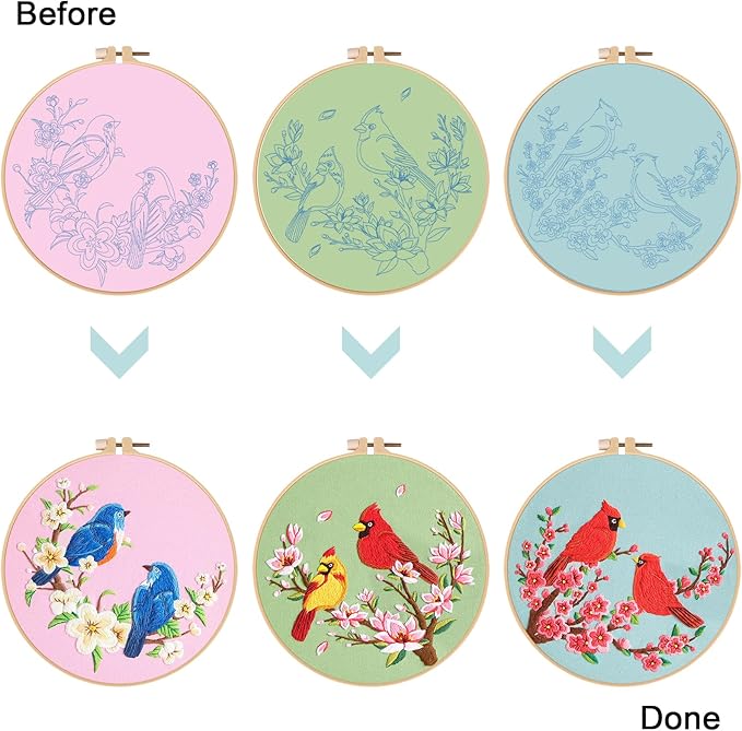 Nuberlic 3 Pack Embroidery Kit for Beginner Adults, Cross Stitch Set with Cardinal & Blue Bird Patterns, Includes Cloth, Hoops, Threads, Needles, Instructions