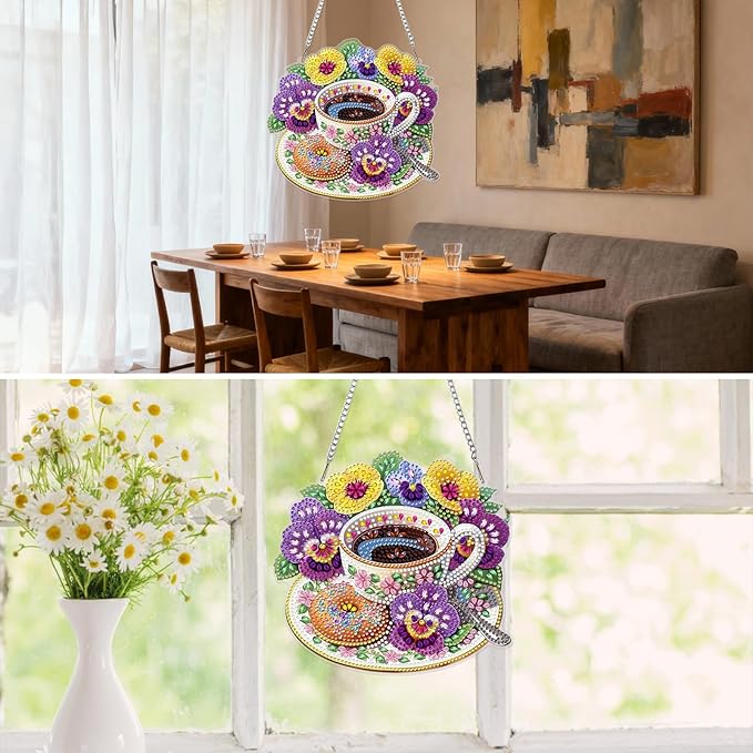 MXJSUA Pansies Flowers Coffee Diamond Painting Art Window Suncatchers, Diamond Art Kits for Adults Hanging Ornaments with Chain, 5D Special Shape Crystal Diamond Pendant Accessories for Decor Gift
