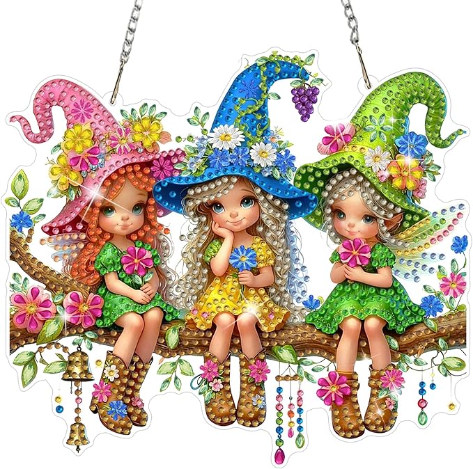 MEIYUDA Fairy Diamond Art Hanging Kits for Adult, Flowers Elf Diamond Painting Hanging Kits Ornaments, DIY Special Shaped Rhinestone Window Pendants Kit for Home Garden Wall Decor Gift