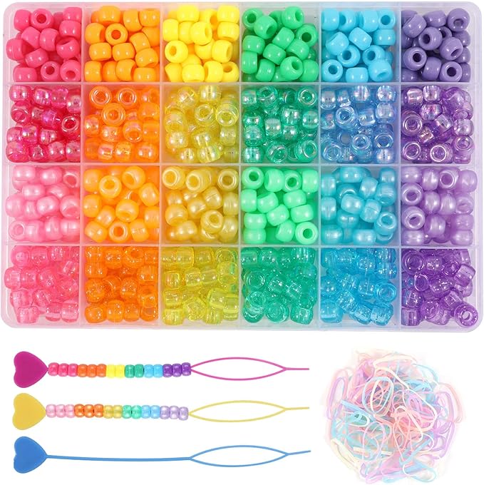 Kandi Beads Bracelet Making Kit, 720pcs Rainbow Pony Beads for Jewelry Making DIY Crafts for Women, Hair Bead for Braids with 3 Hair Beaders Rubber Bands