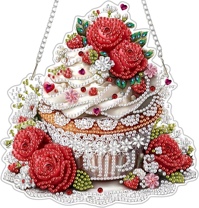 NEWENMO Diamond Art Hanging Kit for Adult, Valentine's Day Cake, DIY Double Sided Acrylic Special Shaped Diamond Art Painting Window Pendant Rose Cake, Home Garden Wall Hanging Ornament Kits