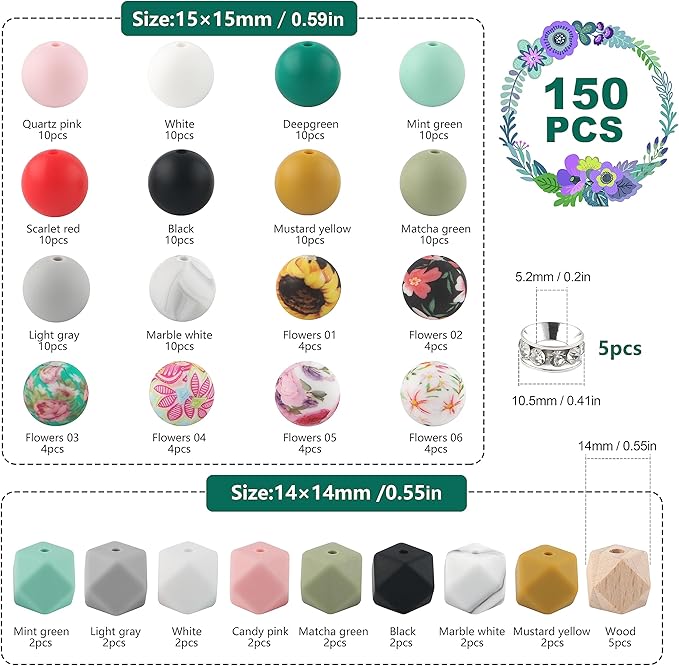 Sunrony 150pcs Silicone Beads for Keychain Making Bracelet Decoration and 15mm Silicone Beads for Pens (Floral)