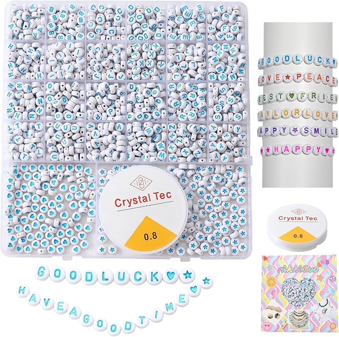 nikkiGuo 1250pcs 4x7mm White Round Acrylic Alphabet Beads A-Z Heart Beads with Numbers Crystal Line for Jewelry Bracelet, Necklace and Key Chains (Orchid White Color)