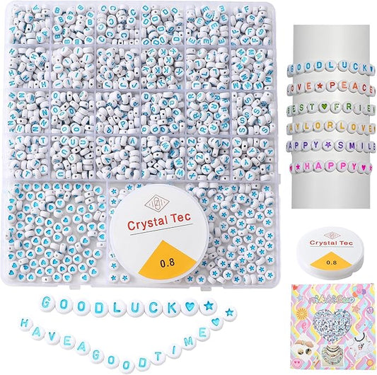 nikkiGuo 1250pcs 4x7mm White Round Acrylic Alphabet Beads A-Z Heart Beads with Numbers Crystal Line for Jewelry Bracelet, Necklace and Key Chains (Orchid White Color)