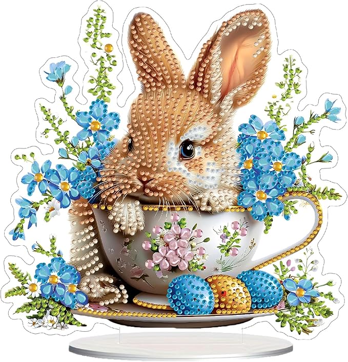 TOSTOG Rabbit Teacup Tabletop Diamond Art Kits for Adult, Desktop Diamond Painting for Beginners, 5D DIY Stand Up Crafts Gem Art, Waterproof Full Accessories for Home Decor Idea 20 * 20 cm/8 * 8 in