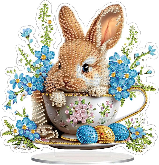 TOSTOG Rabbit Teacup Tabletop Diamond Art Kits for Adult, Desktop Diamond Painting for Beginners, 5D DIY Stand Up Crafts Gem Art, Waterproof Full Accessories for Home Decor Idea 20 * 20 cm/8 * 8 in