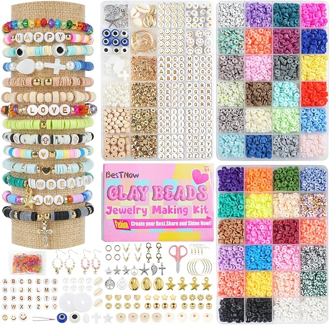BestNow Clay Beads 3 Boxes Bracelet Making Kit Heishi Beads for Jewelry Making Round Letter Beads with Charm Elastic Strings Friendship Bracelets Holiday Arts and Crafts Gifts for Girls Adults