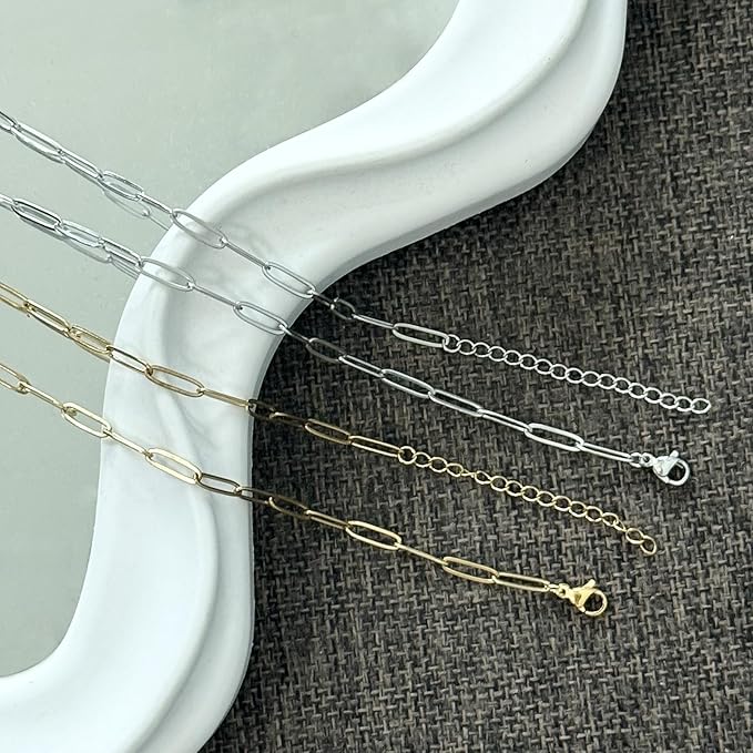 Exway 10 Pcs Paperclip Charm Bracelets Chain 8.0 Inch Stainless Steel Gold Chain Bracelets Kit with Lobster Clasps for Crafts DIY Women Jewelry Making