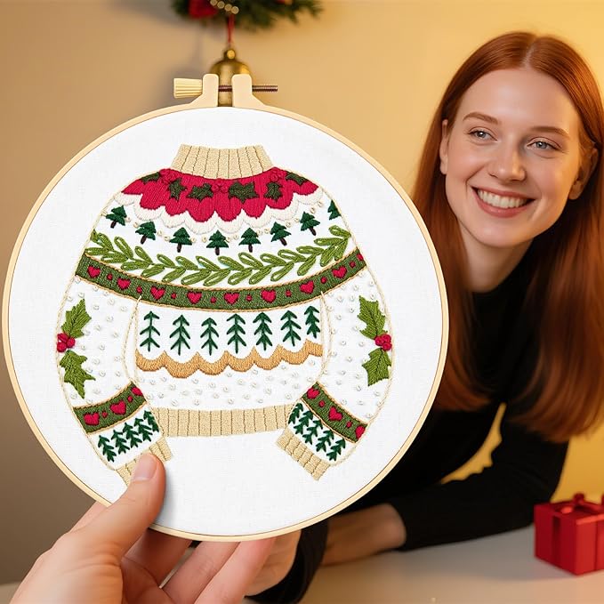 Crafmanoe Christmas Embroidery Kits for Beginners Embroidery Stitches Practice Kits for Adults, Christmas Cross Stitch Kits for Beginners Craft Kits, Embroidery Hoops, Fabric, Threads & Video Tutorial