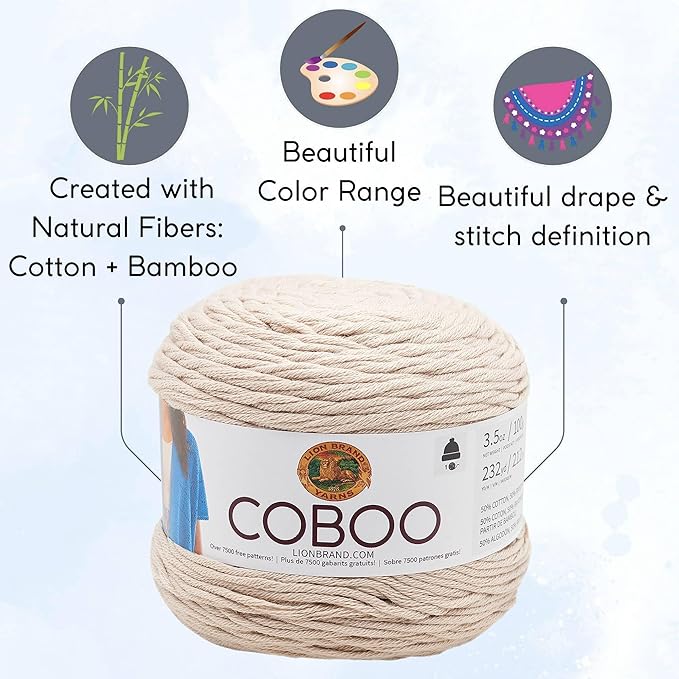 Lion Brand Coboo Tan 835-123 (6-Skeins - Same Dye Lot) DK Light Worsted #3 Cotton, Bamboo Yarn for Crocheting and Knitting with Project Bag