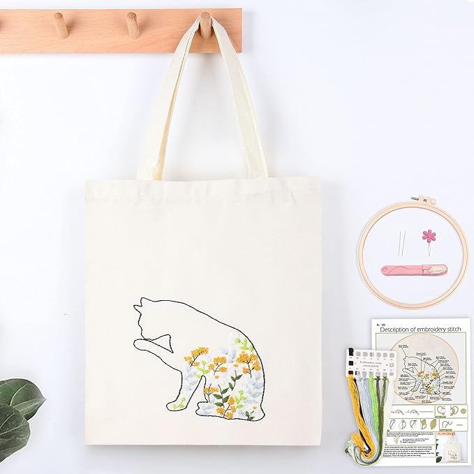 beginner canvas tote bag embroidery kit,white kitten pattern,cross stitch kits, including stamped embroidery bag with 1 embroidery hoops,needle, instructionmanual and color threads