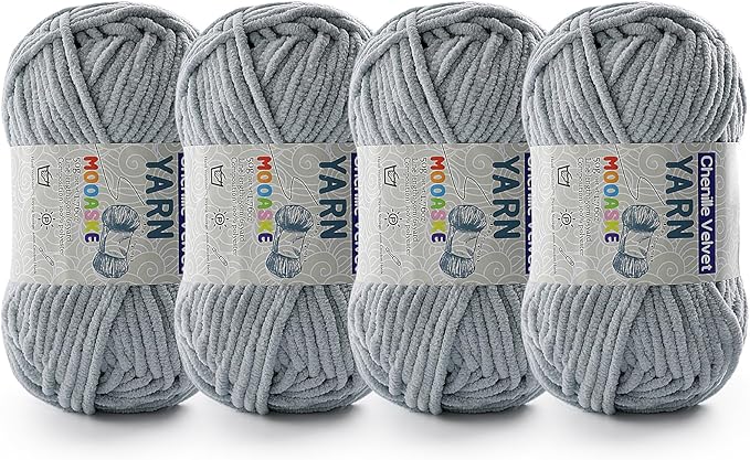 4 Pac Chenille Yarn for Crocheting - Blanket Yarn for Crocheting - Fluffy Yarn for Crochet, Baby Yarn for Crocheting Soft Blankets Weight Per Roll 50g/1.76oz, Length 60m/65yard (Light Grey)