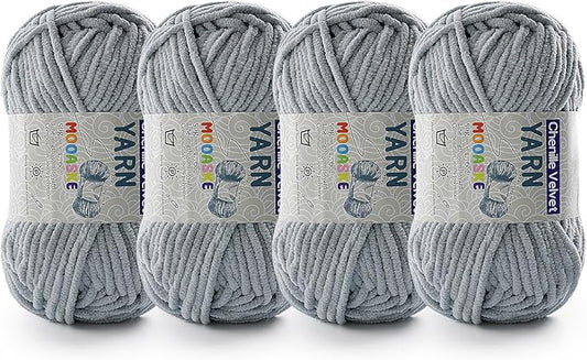 4 Pac Chenille Yarn for Crocheting - Blanket Yarn for Crocheting - Fluffy Yarn for Crochet, Baby Yarn for Crocheting Soft Blankets Weight Per Roll 50g/1.76oz, Length 60m/65yard (Light Grey)