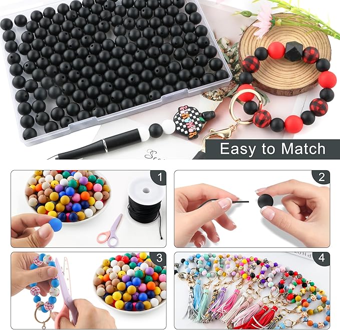 160Pcs 12mm Silicone Beads for Keychain Making Bracelet Necklace, Bulk Round Silicone Beads for Pens（Black）
