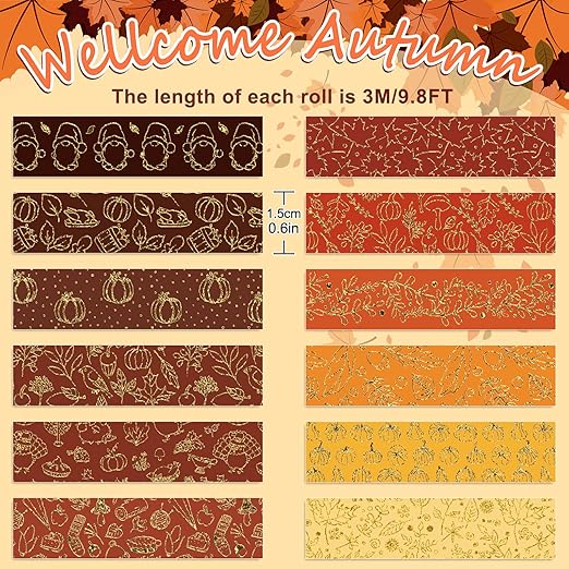 Whaline 12 Rolls Fall Washi Tapes Foil Gold Decorative Tape Autumn Gnome Pumpkin Fall Leaves Turkey Patterned Masking Tape for Fall Thanksgiving Scrapbook Journal DIY Craft Gift Wrapping, 0.6Inch
