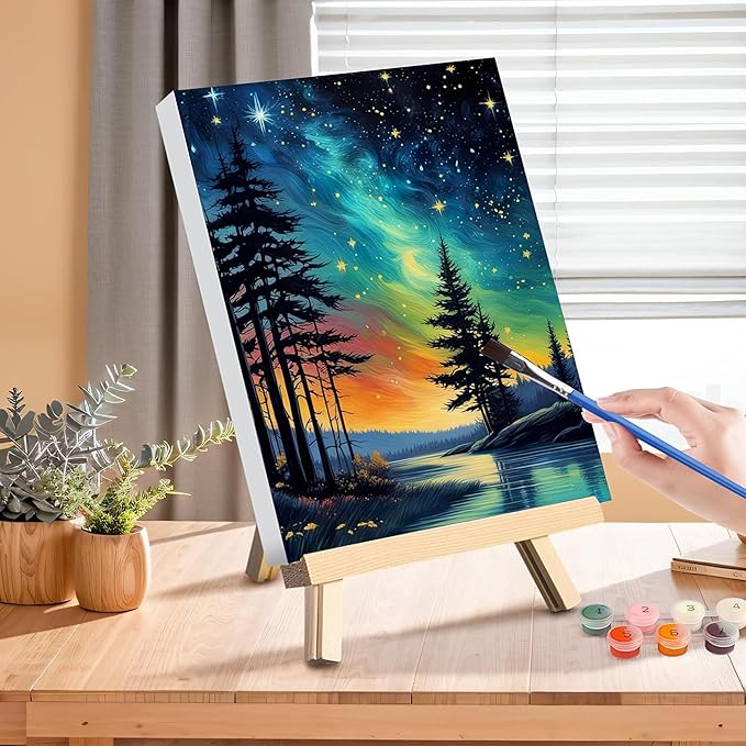 Starry Sky Paint by Numbers for Adults with Framed Canvas - with Wooden Easel, Landscape Paint by Number on Canvas, Acrylic Oil Painting Kit with Brushes Nice Gift Box for Home Wall Decor (12x16 inch)