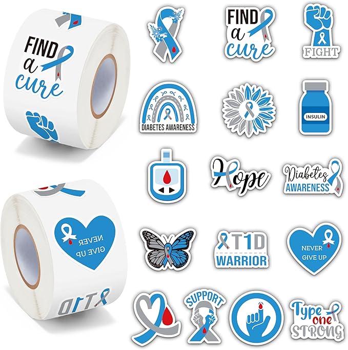 beyumi diabetes awareness ribbon stickers - 1000pcs blue gray ribbon diabetes awareness roll stickers in 2 rolls inspirational waterproof vinyl decals for school event campaign laptop bottle decor kid
