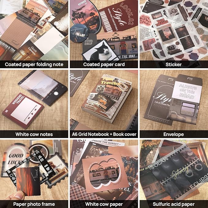Travel Scrapbook Photo Album Supplies Kit with Tweezers and Glue Tape, Aesthetic Vintage Junk Journal Scrapbooking Paper, Sticker Pack, Notebook Craft Supplies, DIY Gift for Adult Men Women (Traveler)