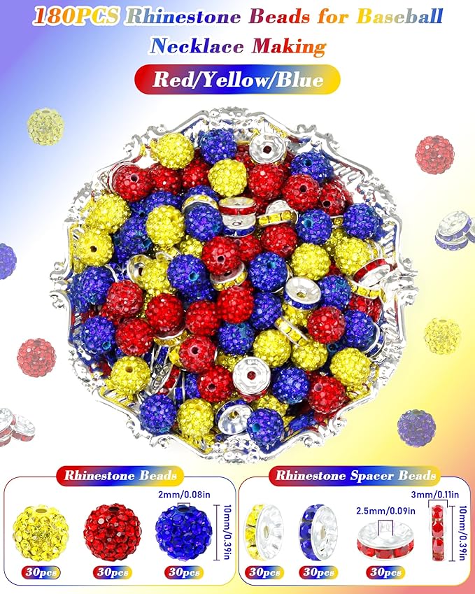 180pcs fiveizero 10mm rhinestone beads for jewelry making – sparkly round crystal clay beads & spacers in baseball team colors for bracelets, necklaces & diy crafts (red, yellow, blue)