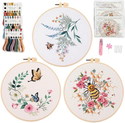 Myfelicity Eembroidery kit for Beginners Adults, 3-Piece Bee and Butterfly Floral Designs,Including Tools Handmade Embroidery Hoop Art Set (red)