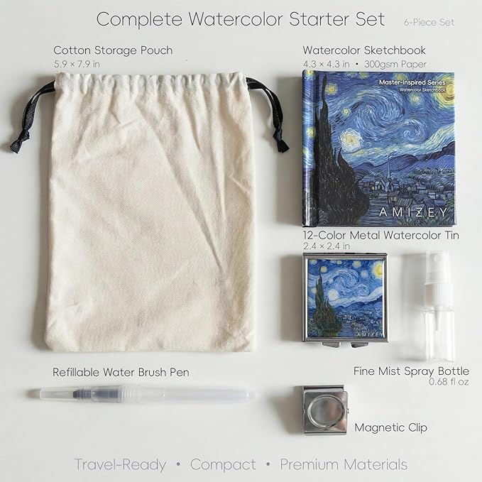 mini watercolor travel set, 12 Color Watercolor Paint Set (Pearl Shimmer) in Metal Tin with 300gsm Sketchbook, Portable Art Kit for Travel & Beginners（Inspired by The Starry Night）