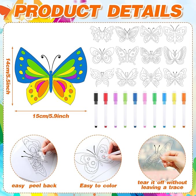 Frienda 36 Pcs Spring Butterfly Window Suncatchers Crafts Kit DIY Window Clings Stickers Butterfly Arts Crafts with 10 Markers for Easter Home Activities Decor Vbs