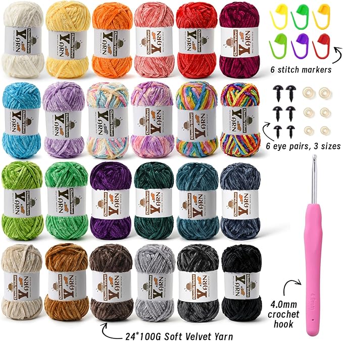 24 Pack Multicolor Crochet Yarns, Fluffy Chunky Chenille Yarn for Crocheting, Fuzzy Velvet Yarn for Crochet Kit, Baby Yarns for Crocheting Soft Amigurumi Set A (100g/87yds Each)