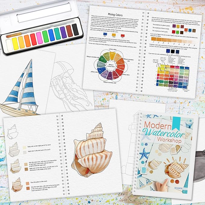 Watercolor Workbook, Watercolor Workbook Paint Book Beginner Friendly with 12 Patterns, Beginner-Friendly Watercolor Workbooks with 12 Paint Colors & Brush, Water Color Paint Set Valentine's Day Gift