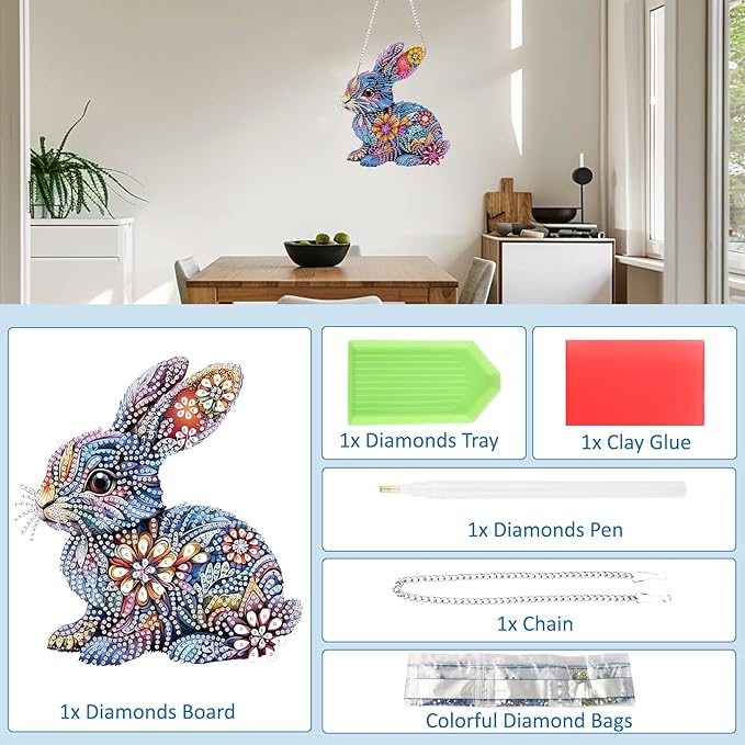 SENQAO Rabbit Diamond Art Hanging Kit for Adult, Special Shaped Rhinestone, DIY Acrylic 5D Diamond Art Painting Window Pendants Home Garden Wall Hanging Kits Hanging Ornament（Easter Rabbit）