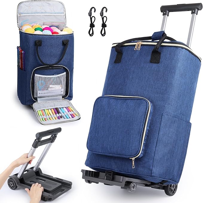 Coopay Portable Crochet Bag, Extra Large Yarn Storage for Crochet Accessories and Supplies, Yarn Bags with Wheels and Telescoping Handle, Durable Knitting Bag for Craft Enthusiasts