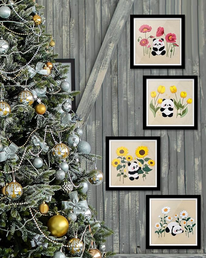 TINDTOP 4 Sets Embroidery Kit for Adult, Panda Embroidery Practice Kits for Beginners Include Embroidery Cloth Hoops Threads for Craft Lover Hand Stitch with Embroidery Skill Techniques