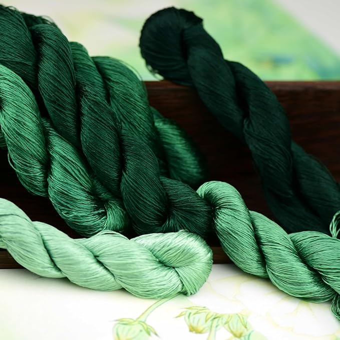 Natural Silk Thread – 6 Green Colors, 110m Each, Handmade Silk Embroidery Floss for Hand Embroidery, Cross-Stitch, Needlework Projects