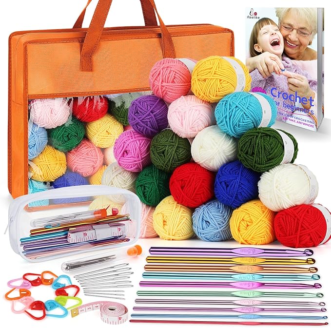 Crochet Yarn for Crocheting, Aeelike 1093 Yards Acrylic Yarn for Knitting,Full Crochet Kits for Beginners and Professionals, Aluminum Crochet Hooks, Instruction Book and Orange Storage Bag