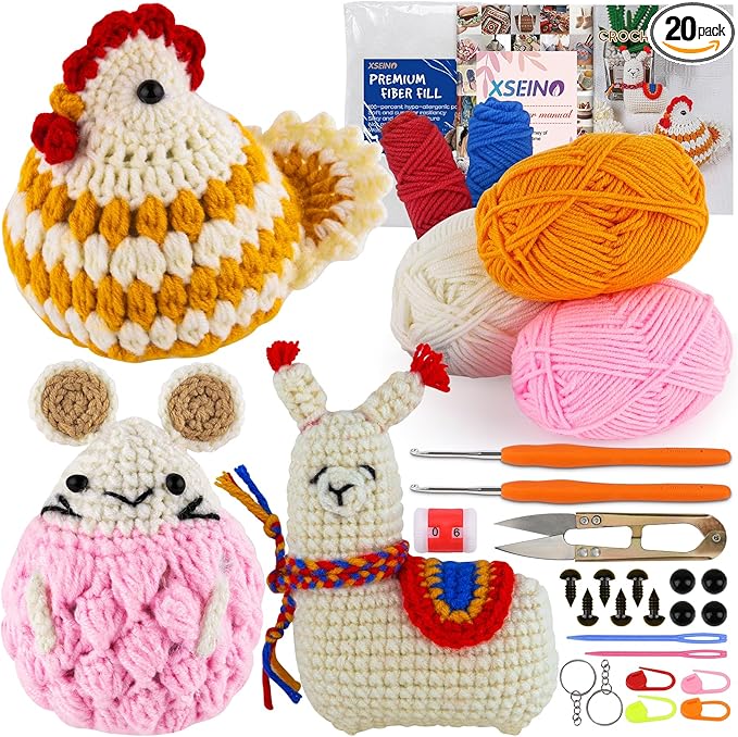 XSEINO Crochet Kit for Beginners - Crochet Start Kit with Step-by-Step Video Tutorials - Learn to Crochet Kits for Adults - Alpaca, Hamster, Chubby Chicken