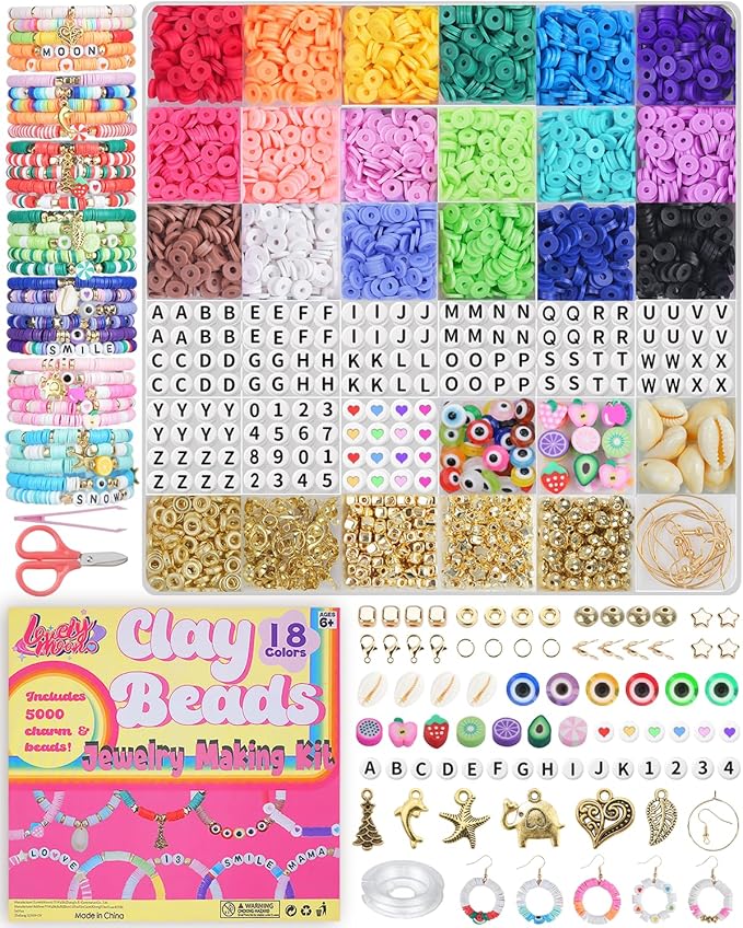 LovelyMoon Clay Beads Bracelet Making Kit 18 Colors 5000pcs Friendship Jewelry for DIY Crafts Gifts Toys for Kids