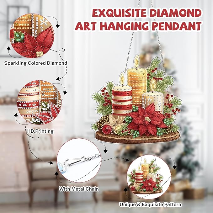 Bowetile Christmas Diamond Art Hanging Kits for Adults, Candle Diamond Art Suncatchers, 5D Special Shape Diamond Painting Pendant Window Ornament Christmas Gifts for Home Door Wall Decor