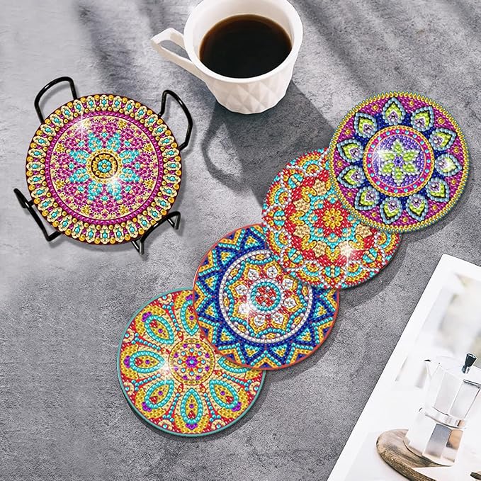 Vcekract Diamond Painting Coasters, 6 Pcs Mandala Diamond Art Coasters with Holder, Crafts Kits for DIY Coasters, Adult Crafts Projects Kits Women