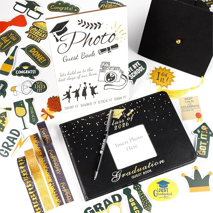 LUYI 8 Pcs Graduation Guest Book 2026, Graduation Decorations Party Favors Photo Guest Book Sign with Pen Stickers Washi Tape in Book Signature Memory Scrapbook for College Gift