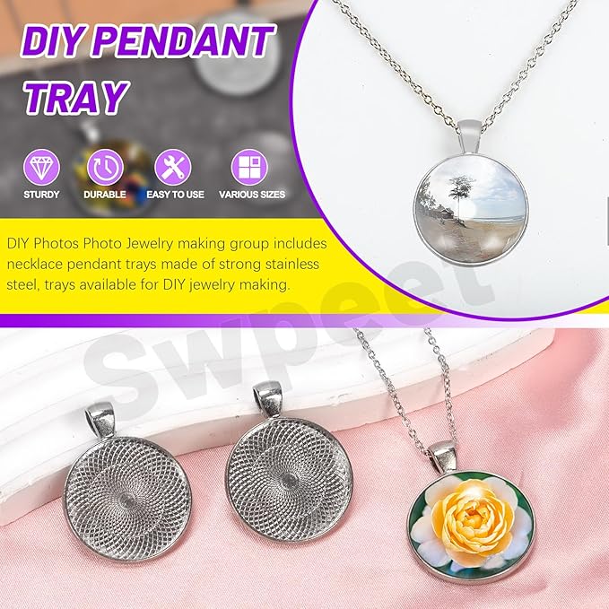Swpeet 47Pcs 12mm 20mm 25mm Round Pendant Trays Kit, Including Dome Cabochons, Bracelet Bezel Settings, Chains, Earring Pendant Trays, Ring Necklace Pendants Tray for Jewelry Making