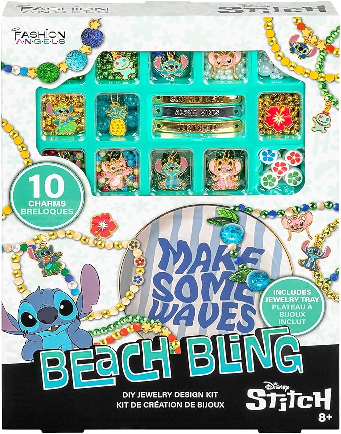 Fashion Angels Disney Stitch Jewelry Making Kit with Ceramic Trinket Tray – DIY Bracelet & Necklace Bead Set with Charms, Message Bars, and Elastic Cord for Kids & Tweens