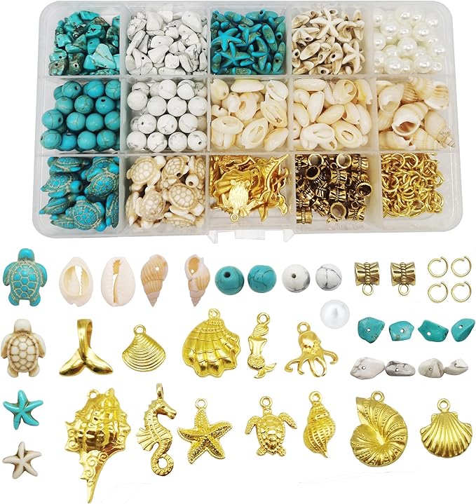 Julie Wang 422PCS Gold Tone Alloy Pendants Seashells Man-made Turquoise Beads Starfish Turtle Ocean Charms for Jewelry Making Summer Beach Bead Necklace Bracelet DIY Accessory