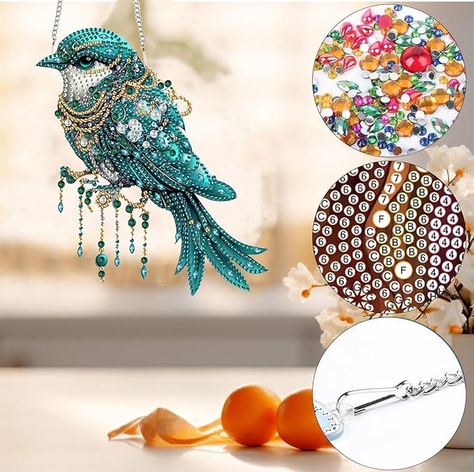 Bimkole Bird Diamond Art Hanging Kit for Adult, DIY 5D Animals Diamond Art Painting Window Pendant, Acrylic Crystal Art Hanging Ornament for Wall Home Garden Front Door Decor - 7.8x7.8 Inch