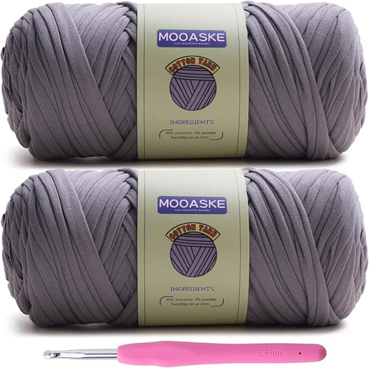 2 Pack T-Shirt Crochet Yarn for DIY Knitting Crochet Cloth Blanket Bag Dolls - 400g Chunky Thick Yarn for Crocheting with Polyester-Spandex Blend Elastic Fabric (Dark Gray)