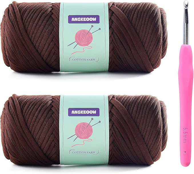 2 Skeins Tshirt Yarn for Crochet,Soft T Shirt Yarn for Crocheting Bag/Basket/Home Decor,Trapillo para Tejer a Crochet Bolsas with 1 Crochet Hook,Each Ribbon Yarn 7oz, 65yds(Deep Coffee)
