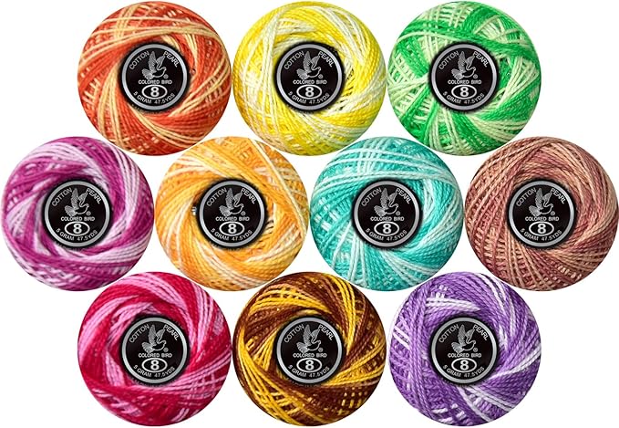 Crochet Thread 10 Balls Cardinal Size 8 for Crochet Hardanger Cross Stitch Needlepoint Hand Embroidery (Variegated Light Colors Series)