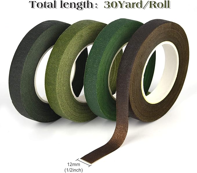 KUUQA 4 Rolls 1/2" Wide Floral Tapes for Bouquet Stem Wrapping and Floral Crafts,Wedding Bouquet,Dark Green,Light Green,Grass Green,Dark Brown