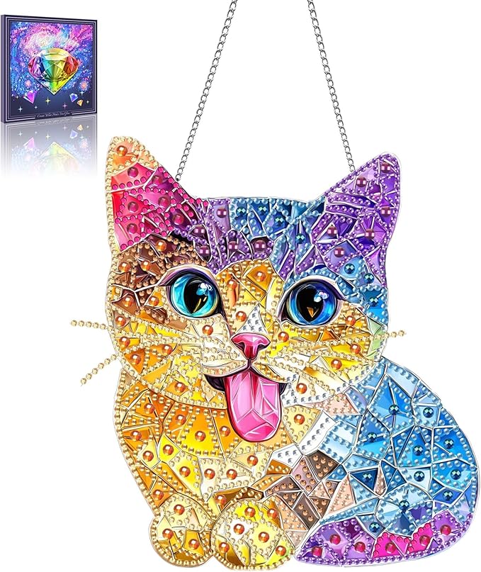 Wergund 5D DIY Cat Diamond Art Hanging Kits, Hanging Diamond Art Animal, Acrylic Special Shaped Rhinestone, Window Hanging Pendants for Home Wall Garden Front Door Outdoor Decor Gift(Cat)
