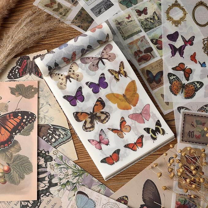 Vintage Scrapbook Stickers - 300 Butterfly Pre-Cut for Journaling, 20 Scrapbook Paper Washi for Scrapbooking and Journaling